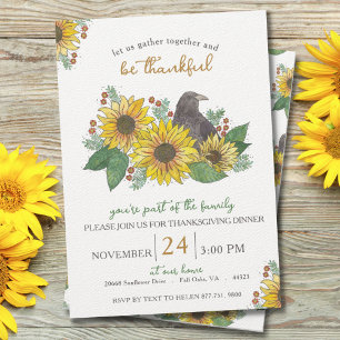 Sunflowers and Crow Thankful Thanksgiving Dinner  Invitation