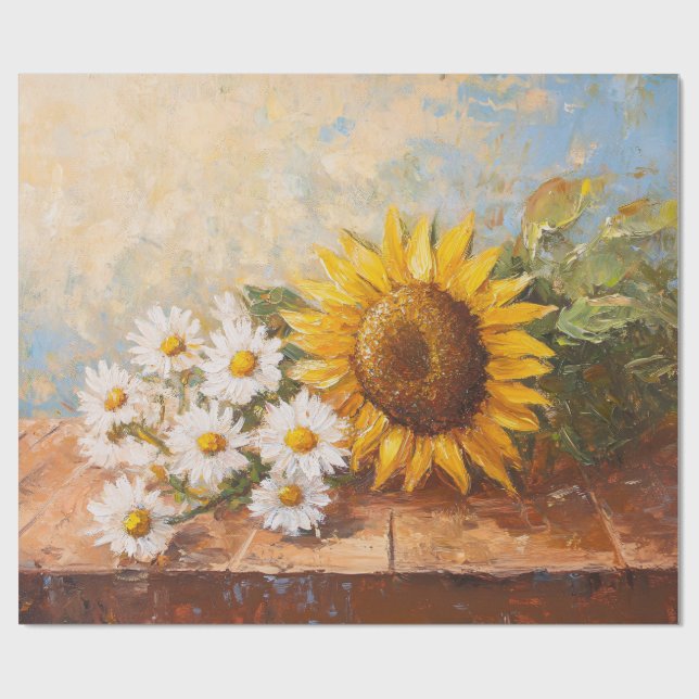 Sunflowers and Daisies on Rustic Table Decoupage Wrapping Paper (Flat)