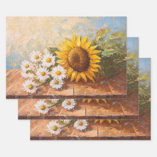 Sunflowers and Daisies on Rustic Table Decoupage Wrapping Paper Sheet