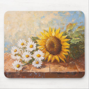 Sunflowers and Daisies on Rustic Table Mouse Mat