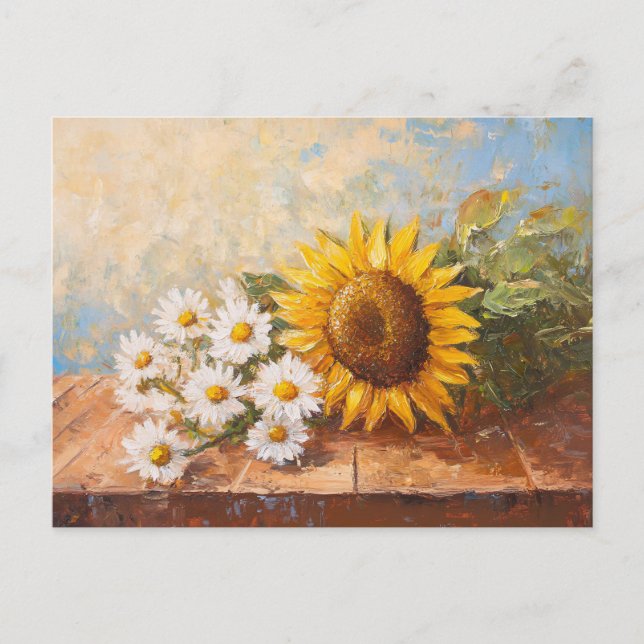 Sunflowers and Daisies on Rustic Table Postcard (Front)