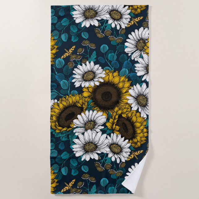 Sunflowers and daisies, summer garden 2 beach towel (Front)