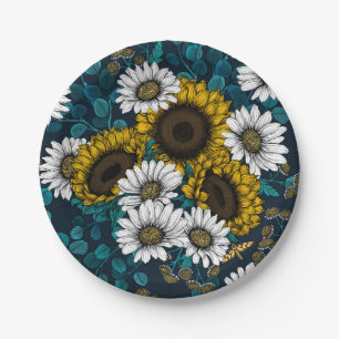 Sunflowers and daisies, summer garden 2 paper plate