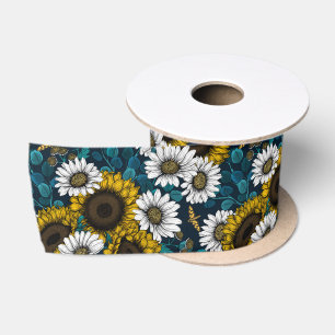Sunflowers and daisies, summer garden 2 satin ribbon