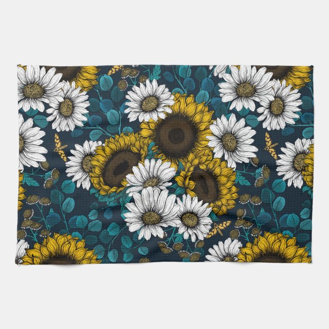 Sunflowers and daisies, summer garden 2 tea towel (Horizontal)