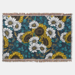 Sunflowers and daisies, summer garden 2 throw blanket
