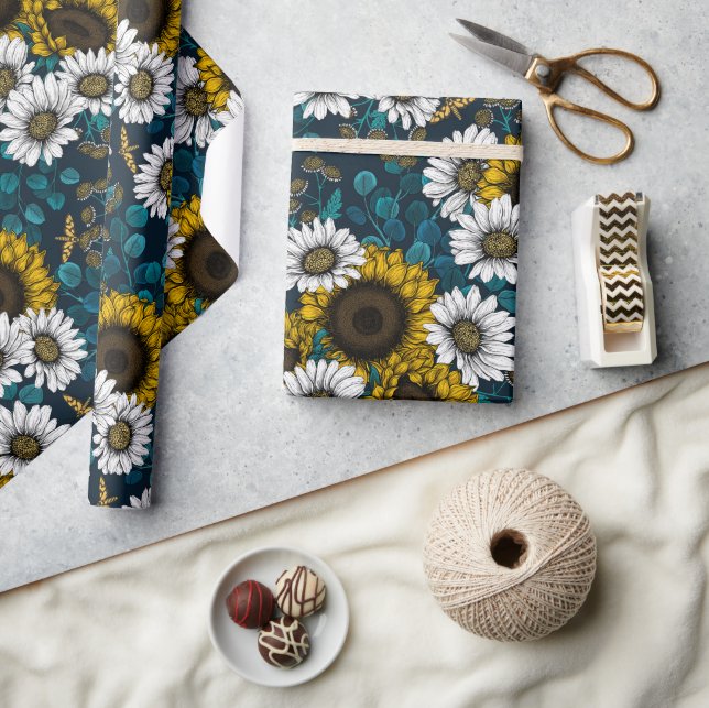 Sunflowers and daisies, summer garden 2 wrapping paper (Crafts)