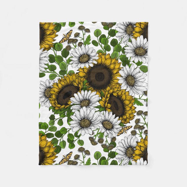 Sunflowers and daisies, summer garden 3 fleece blanket (Front)
