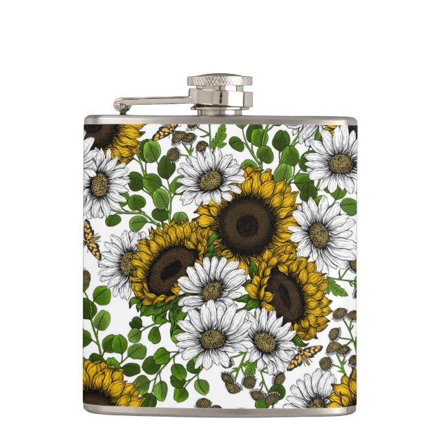 Sunflowers and daisies, summer garden 3 hip flask (Front)