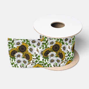 Sunflowers and daisies, summer garden 3 satin ribbon