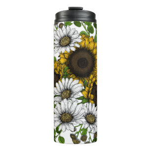 Sunflowers and daisies, summer garden 3 thermal tumbler