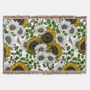 Sunflowers and daisies, summer garden 3 throw blanket