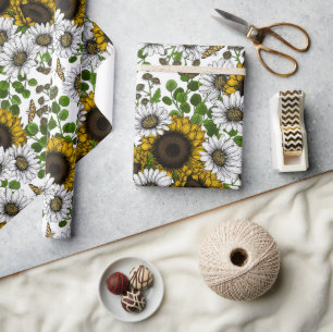 Sunflowers and daisies, summer garden 3 wrapping paper