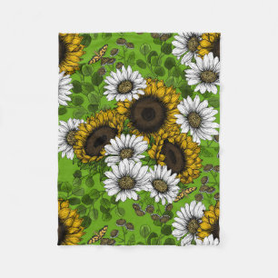 Sunflowers and daisies, summer garden fleece blanket