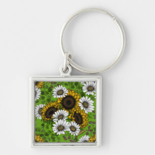 Sunflowers and daisies, summer garden key ring