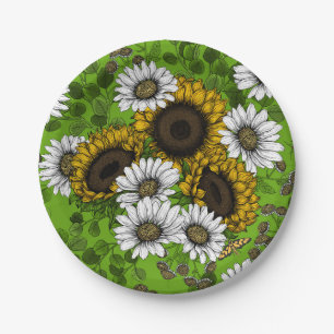 Sunflowers and daisies, summer garden paper plate