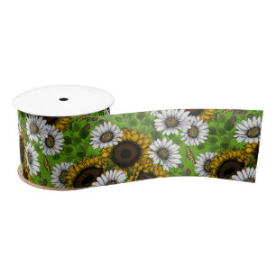Sunflowers and daisies, summer garden satin ribbon