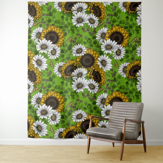 Sunflowers and daisies, summer garden tapestry (In Situ)