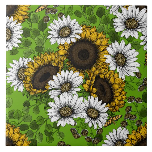 Sunflowers and daisies, summer garden tile (Front)