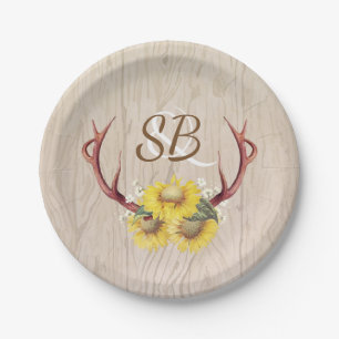Sunflowers and Deer Antlers Rustic Barn Wood Paper Plate