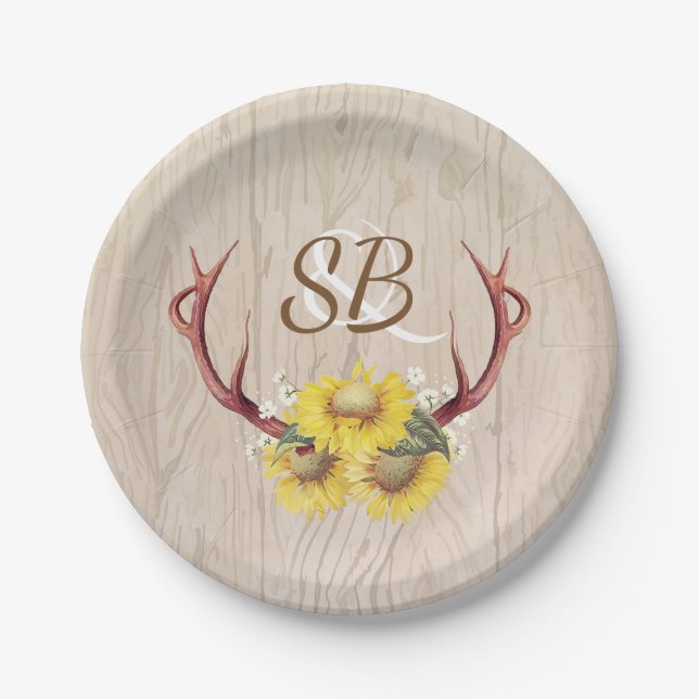 Sunflowers and Deer Antlers Rustic Barn Wood Paper Plate (Front)