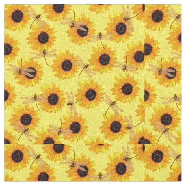 Sunflowers And Dragonflies, Cotton Fabric (Close Up)
