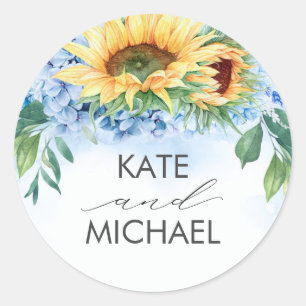 Sunflowers and Dusty Blue Hydrangea Floral Elegant Classic Round Sticker