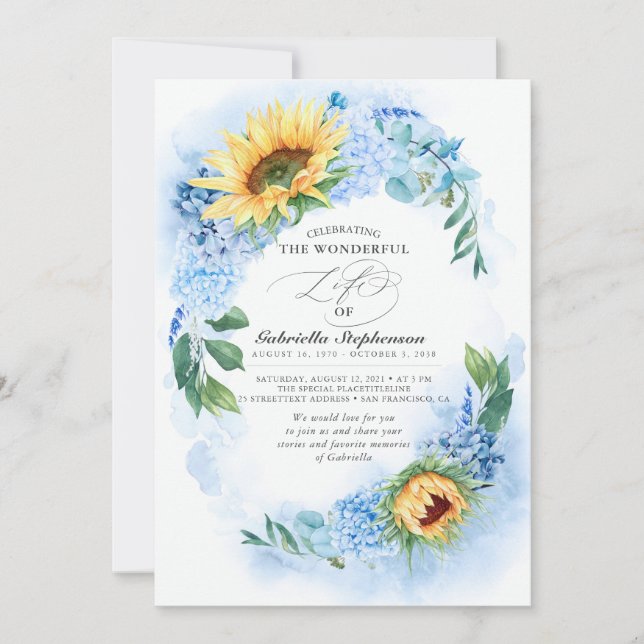 Sunflowers and Dusty Blue Hydrangea Floral Funeral Invitation (Front)
