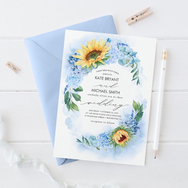 Sunflowers and Dusty Blue Hydrangea Floral Wedding Invitation (Creator Uploaded)