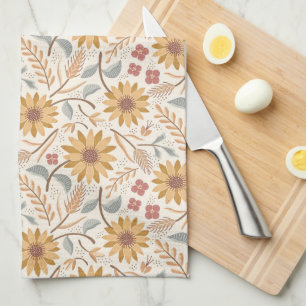 Sunflowers and ears of wheat  tea towel