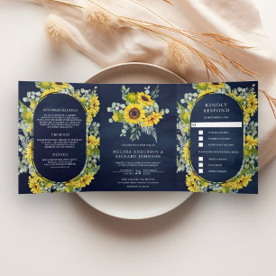 Sunflowers and Eucalyptus 3 in 1 Navy Blue Wedding Tri-Fold Invitation