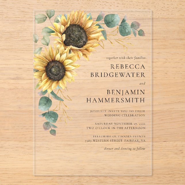 Sunflowers and Eucalyptus Rustic Wedding Acrylic Invitations (Front)