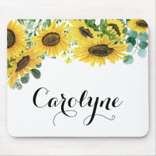 Sunflowers and Eucalyptus Script Personalized Mouse Mat
