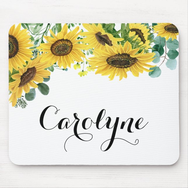 Sunflowers and Eucalyptus Script Personalized Mouse Mat (Front)