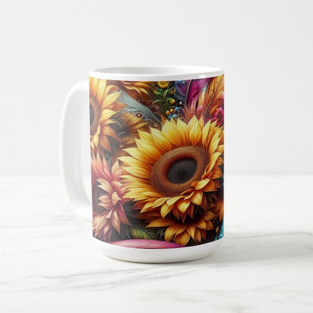 Sunflowers and Feathers Coffee Mug (Front Left)