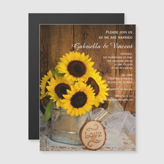 Sunflowers and Garden Watering Can Barn Wedding Magnetic Invitation (Front/Back)