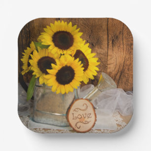 Sunflowers and Garden Watering Can Barn Wedding Paper Plate