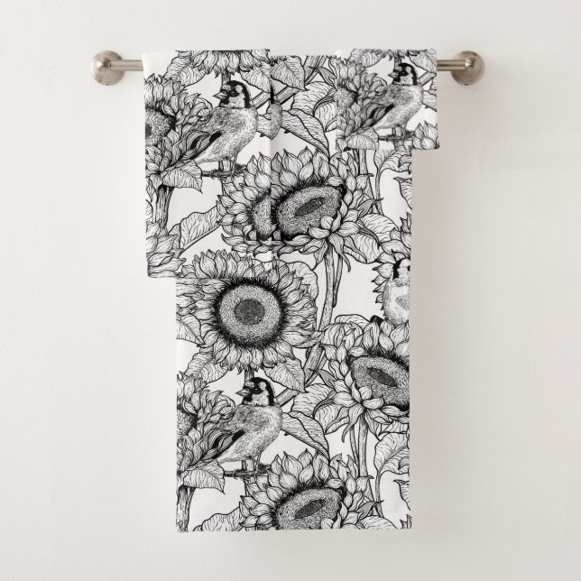 Sunflowers and goldfinches in black and white bath towel set (Insitu)