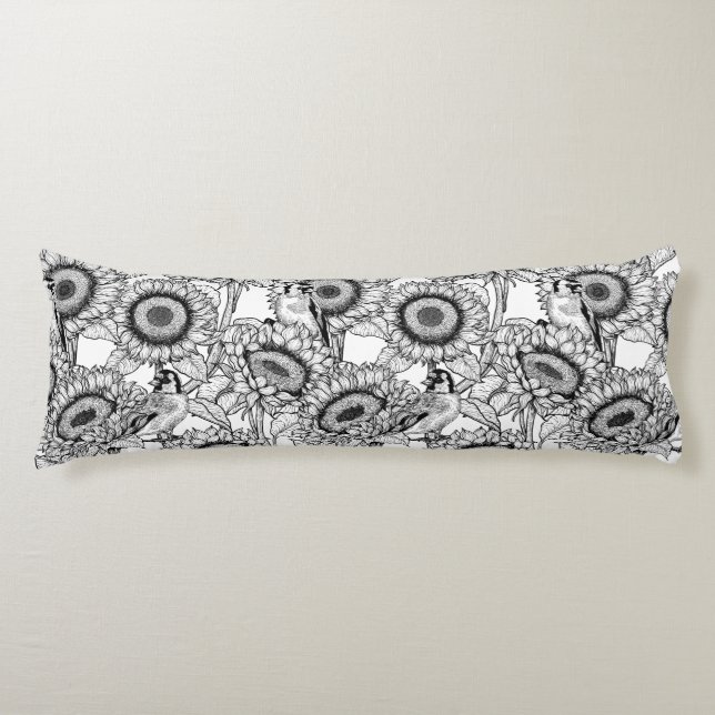 Sunflowers and goldfinches in black and white body cushion (Front)