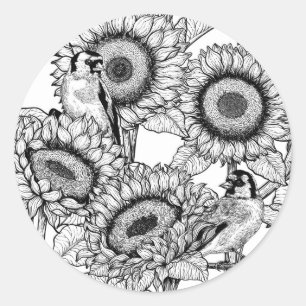 Sunflowers and goldfinches in black and white classic round sticker