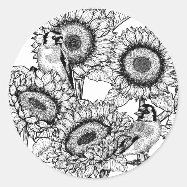 Sunflowers and goldfinches in black and white classic round sticker (Front)