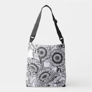 Sunflowers and goldfinches in black and white crossbody bag