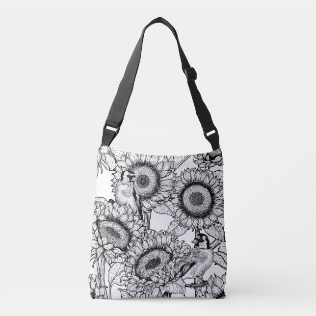 Sunflowers and goldfinches in black and white crossbody bag (Front)