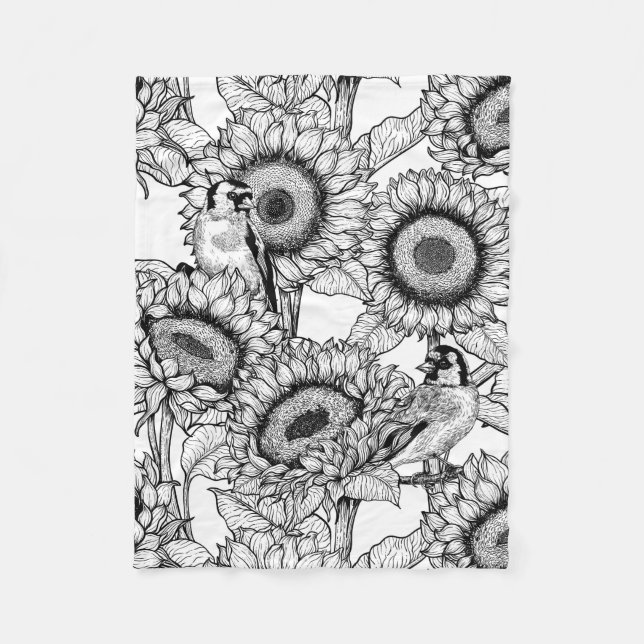 Sunflowers and goldfinches in black and white fleece blanket (Front)