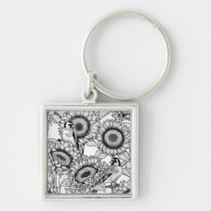 Sunflowers and goldfinches in black and white key ring