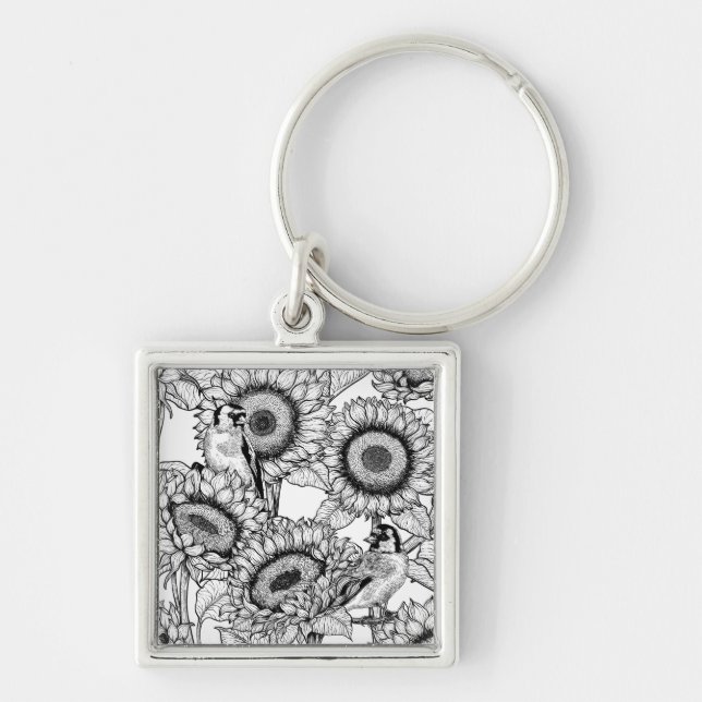 Sunflowers and goldfinches in black and white key ring (Front)