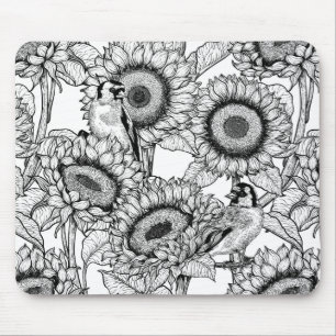 Sunflowers and goldfinches in black and white mouse mat