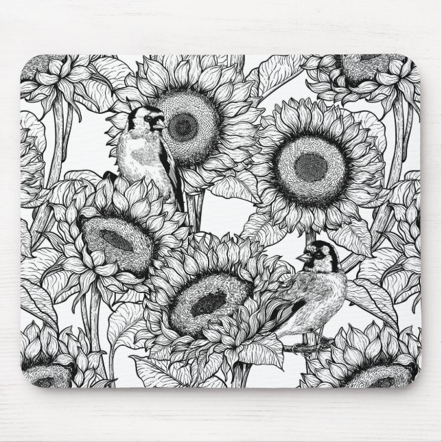 Sunflowers and goldfinches in black and white mouse mat (Front)