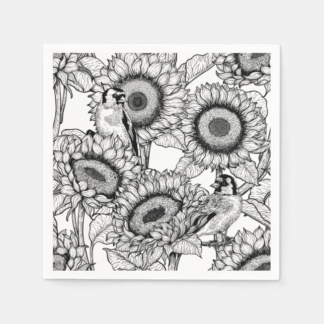 Sunflowers and goldfinches in black and white napkin (Front)