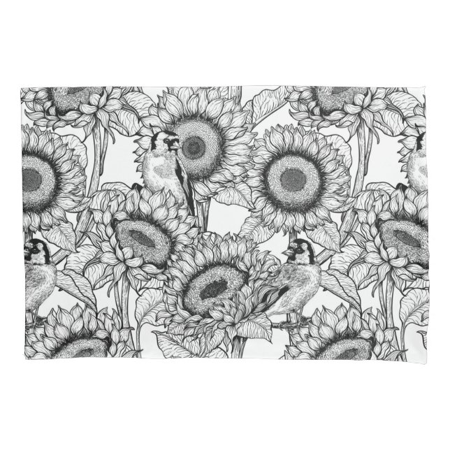 Sunflowers and goldfinches in black and white pillowcase (Front)